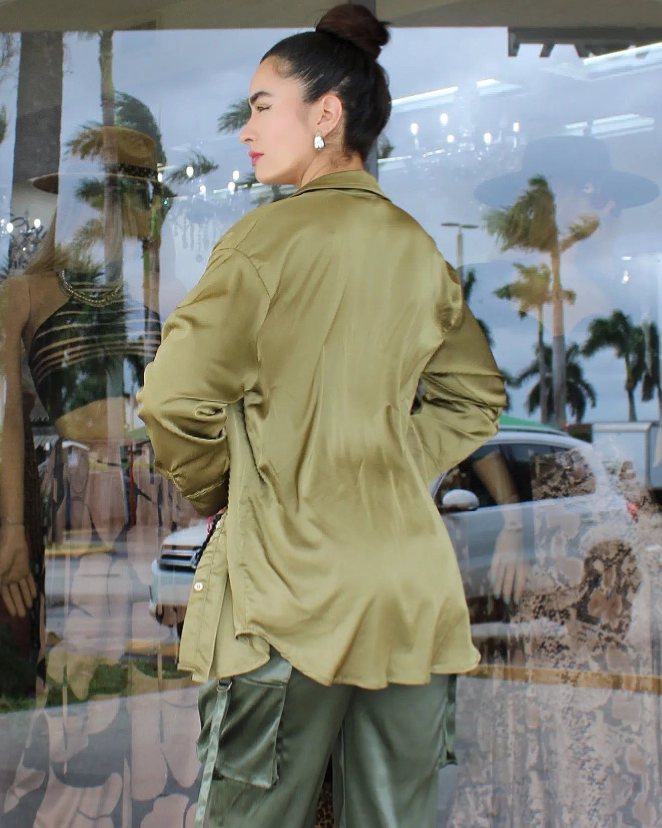 Take Me As I Am Satin Buttom Down Shirt Olive Green