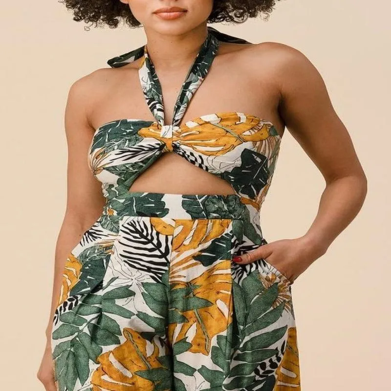 Tropical Palm Print Halter Jumpsuit