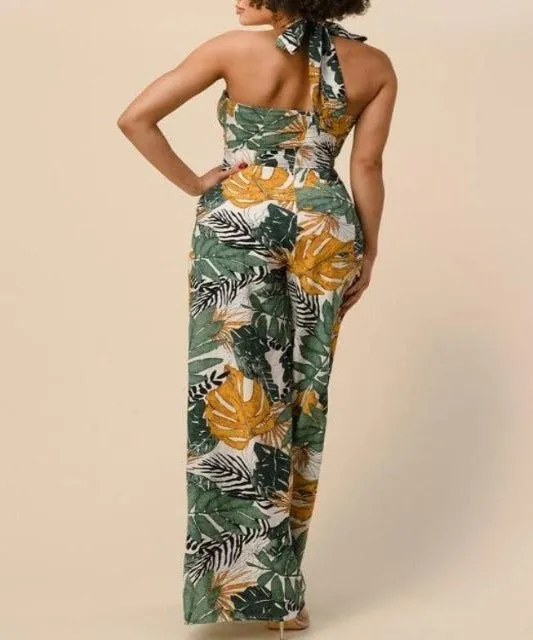 Tropical Palm Print Halter Jumpsuit