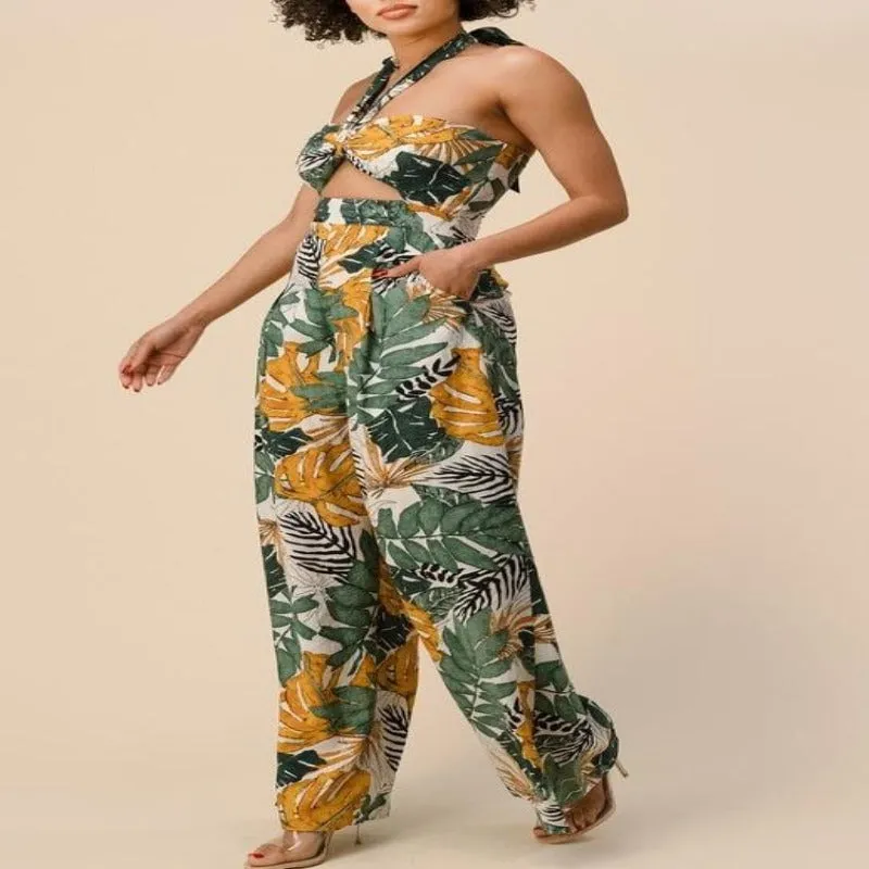 Tropical Palm Print Halter Jumpsuit