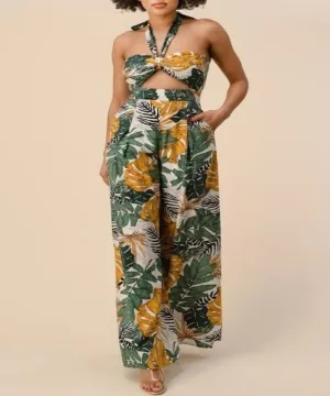 Tropical Palm Print Halter Jumpsuit