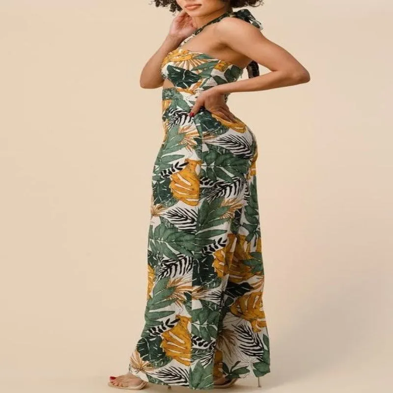 Tropical Palm Print Halter Jumpsuit