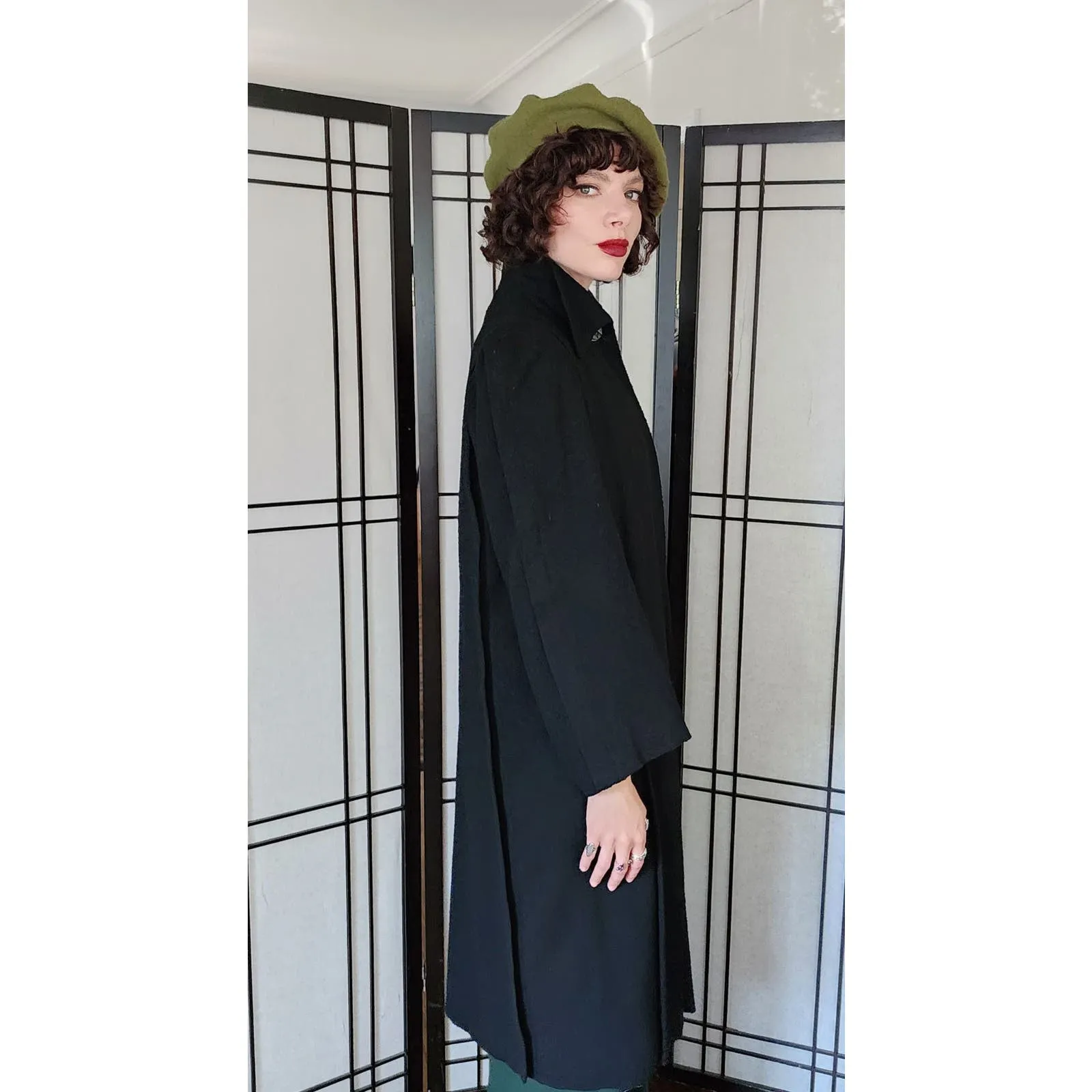 Vintage 40s Black Wool Coat Silver Leaf Scarf Buckle M /L