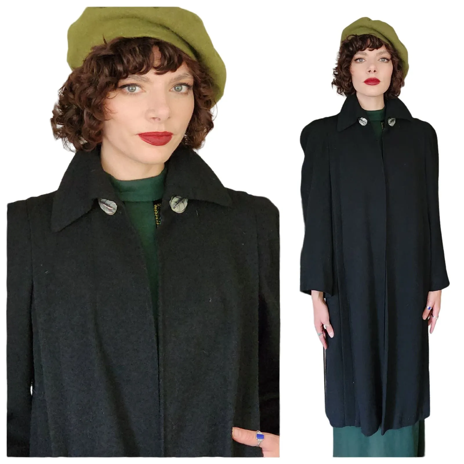 Vintage 40s Black Wool Coat Silver Leaf Scarf Buckle M /L