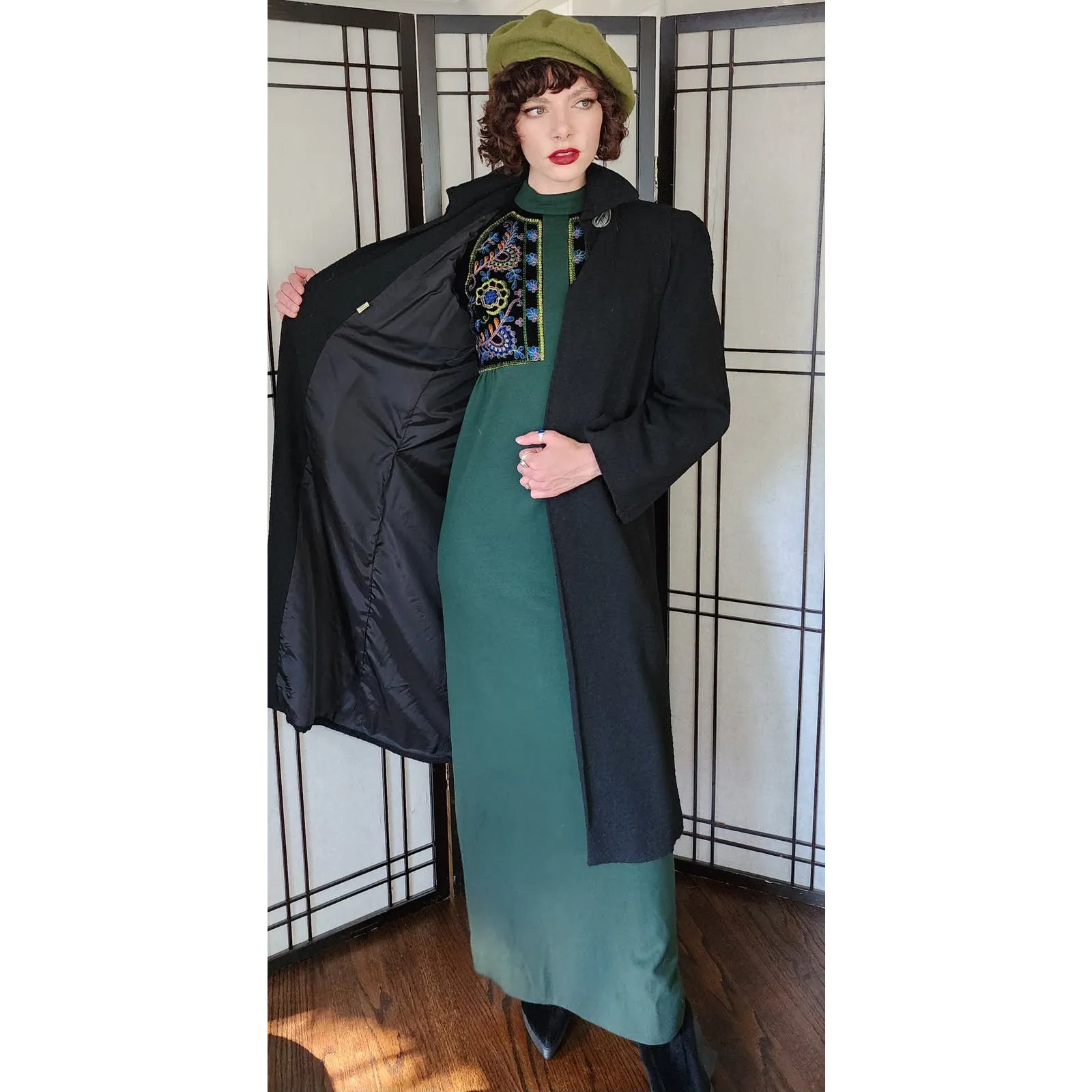 Vintage 40s Black Wool Coat Silver Leaf Scarf Buckle M /L