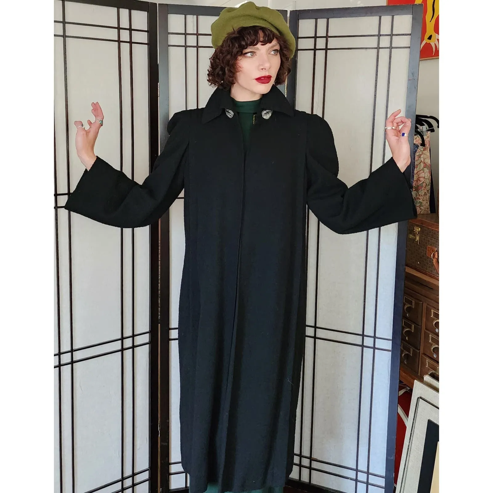 Vintage 40s Black Wool Coat Silver Leaf Scarf Buckle M /L