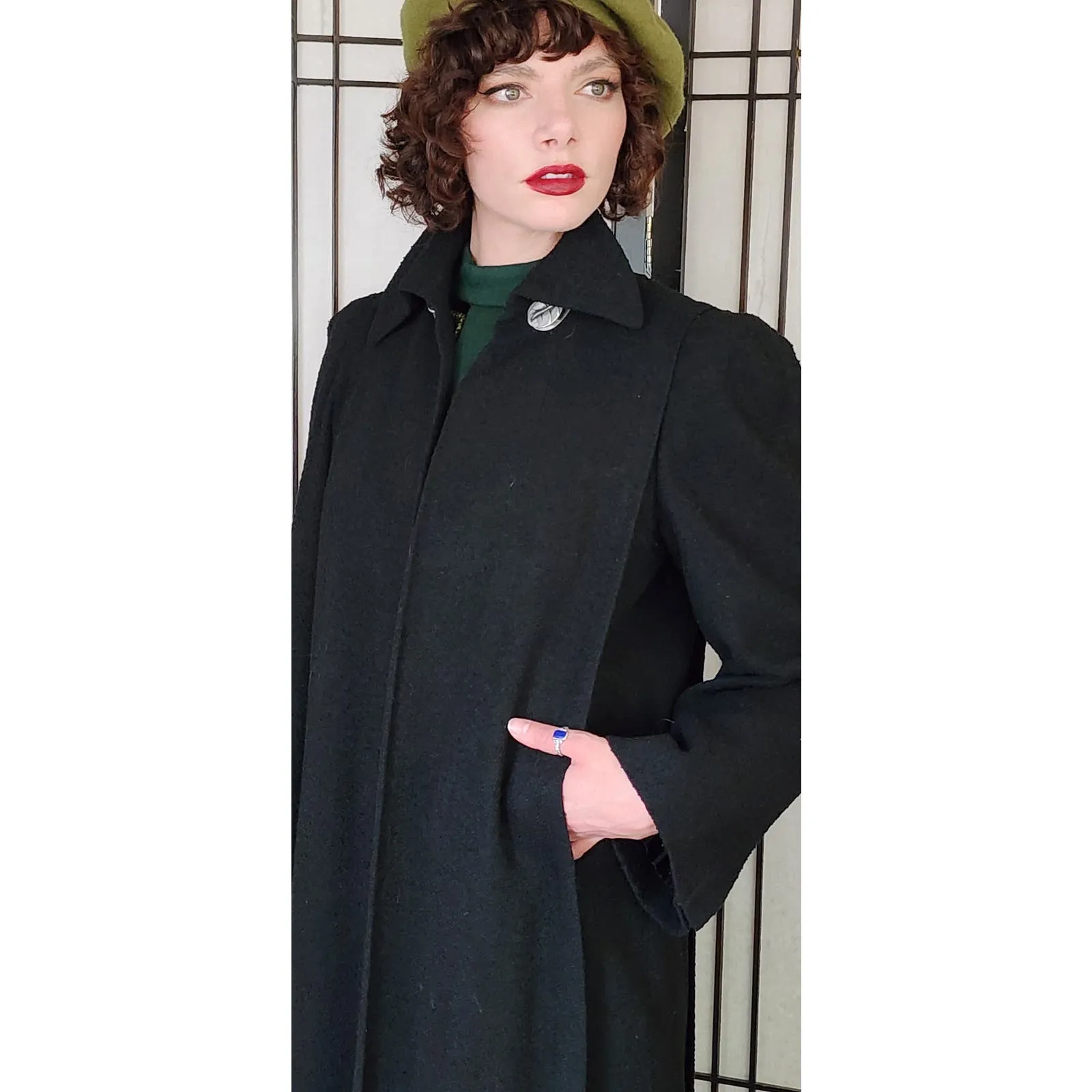 Vintage 40s Black Wool Coat Silver Leaf Scarf Buckle M /L