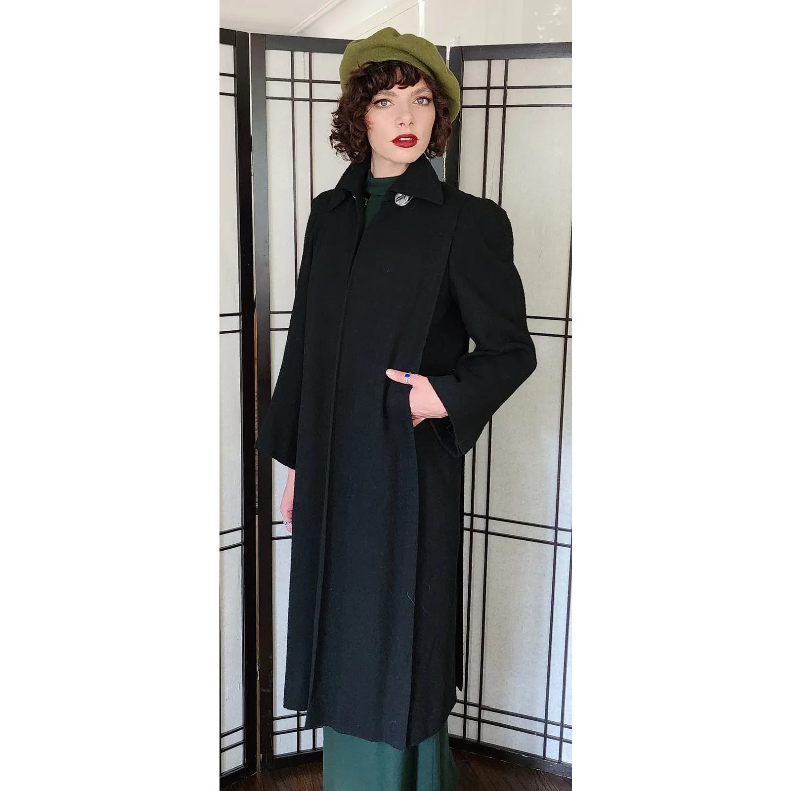 Vintage 40s Black Wool Coat Silver Leaf Scarf Buckle M /L