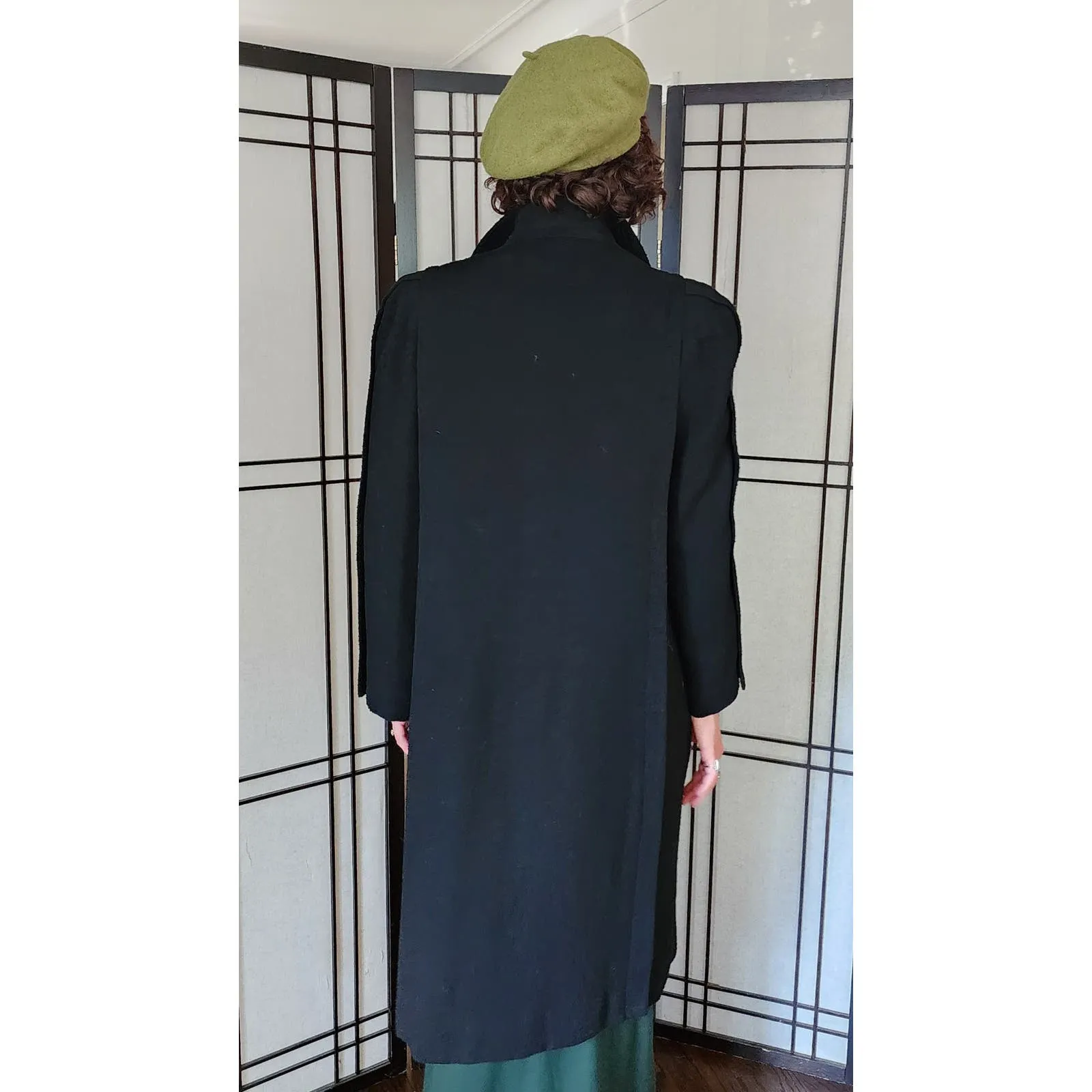 Vintage 40s Black Wool Coat Silver Leaf Scarf Buckle M /L