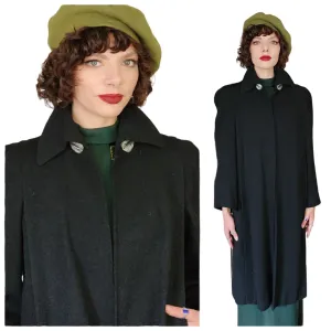 Vintage 40s Black Wool Coat Silver Leaf Scarf Buckle M /L