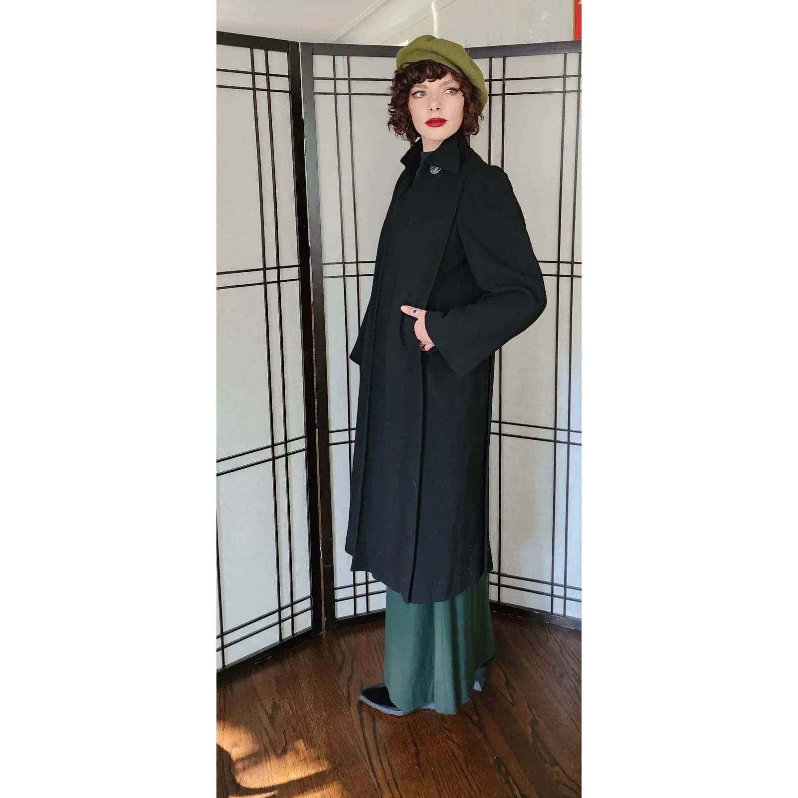 Vintage 40s Black Wool Coat Silver Leaf Scarf Buckle M /L