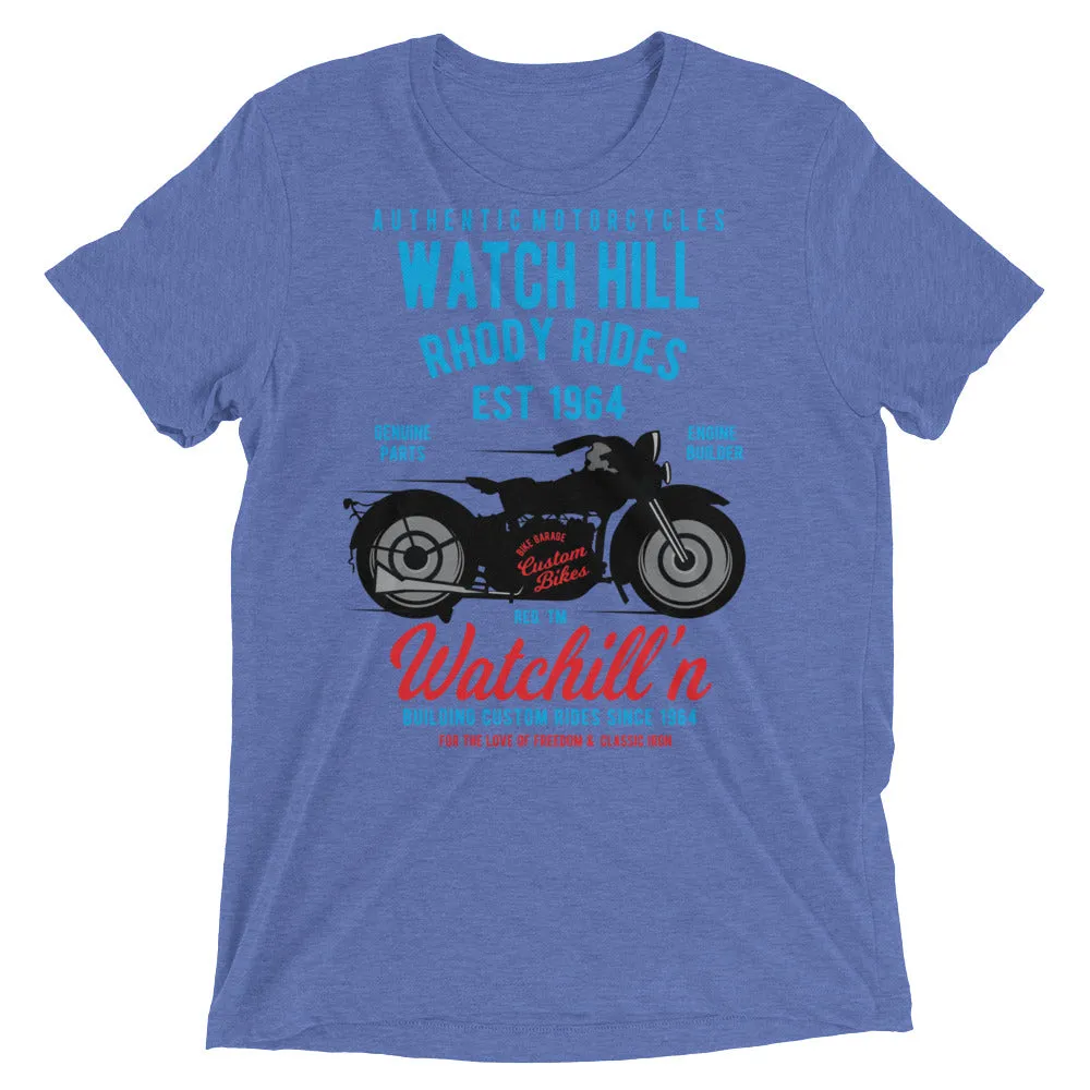 Watchill’n ‘Rhody Rides’ Unisex Short sleeve t-shirt (Blue/Red)