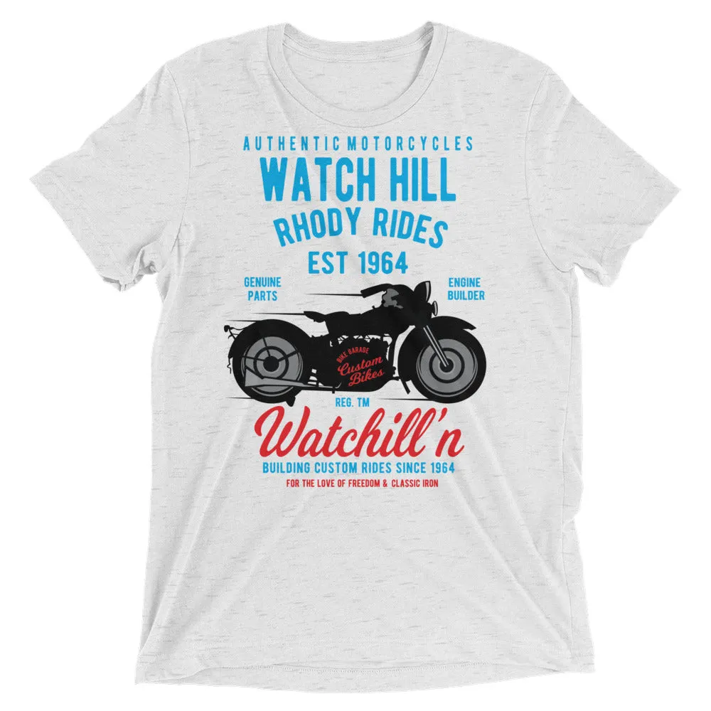 Watchill’n ‘Rhody Rides’ Unisex Short sleeve t-shirt (Blue/Red)