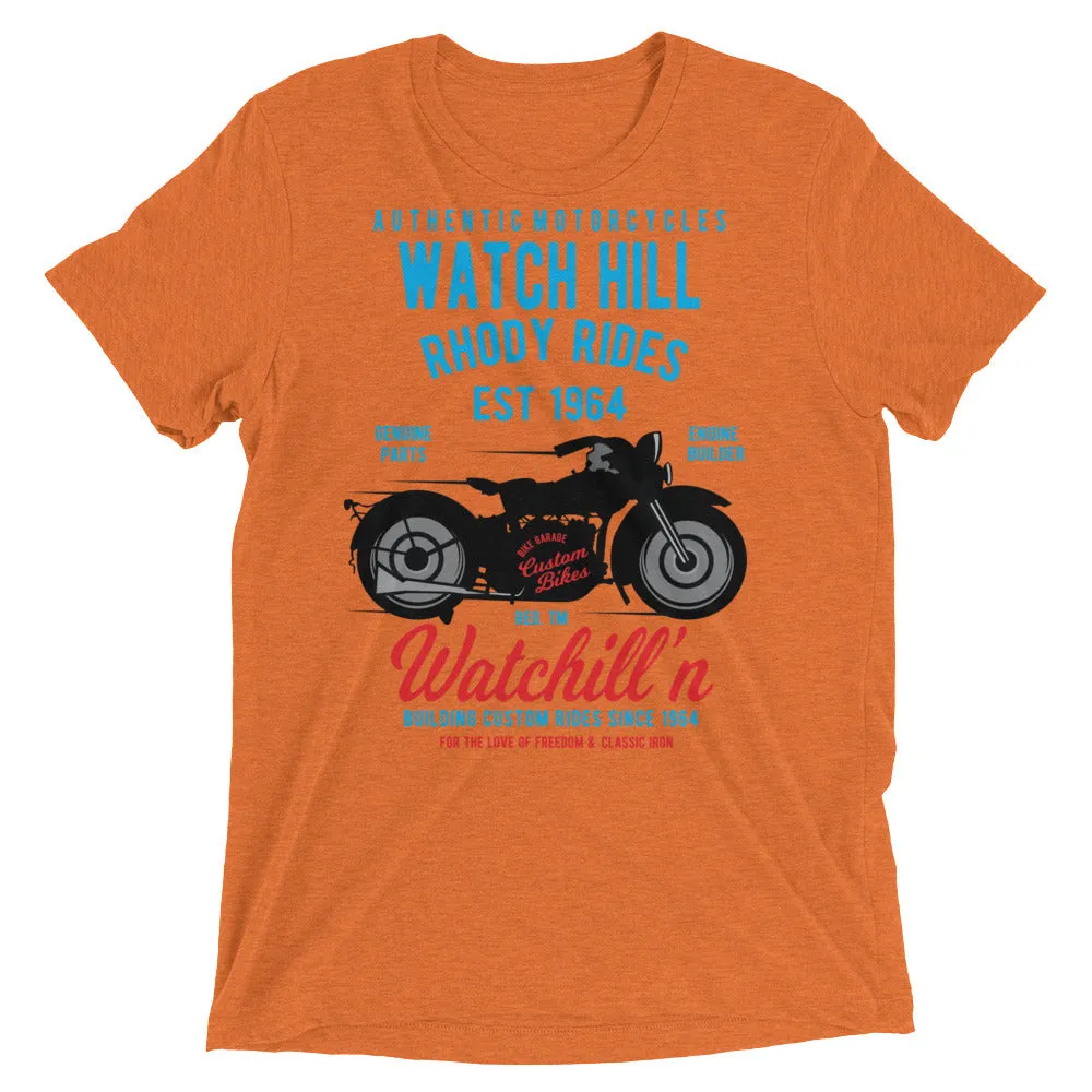 Watchill’n ‘Rhody Rides’ Unisex Short sleeve t-shirt (Blue/Red)