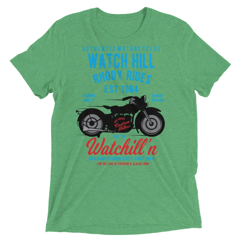 Watchill’n ‘Rhody Rides’ Unisex Short sleeve t-shirt (Blue/Red)