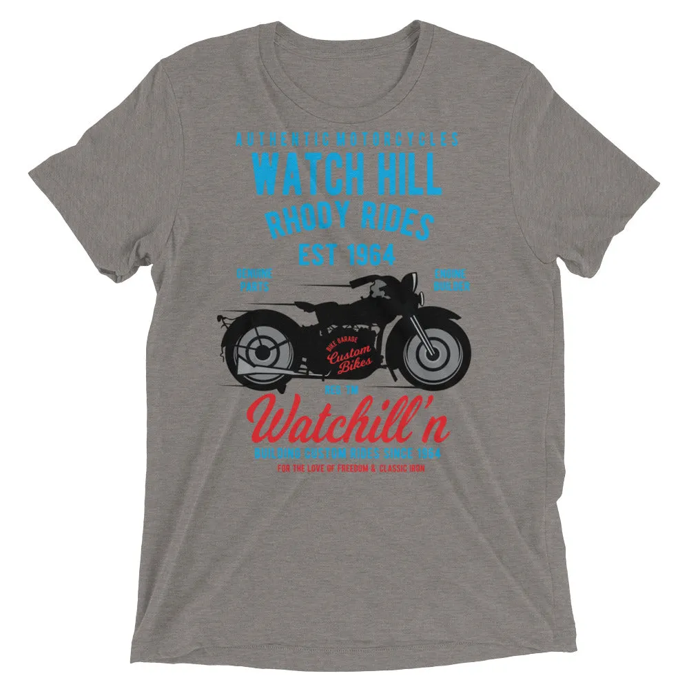 Watchill’n ‘Rhody Rides’ Unisex Short sleeve t-shirt (Blue/Red)