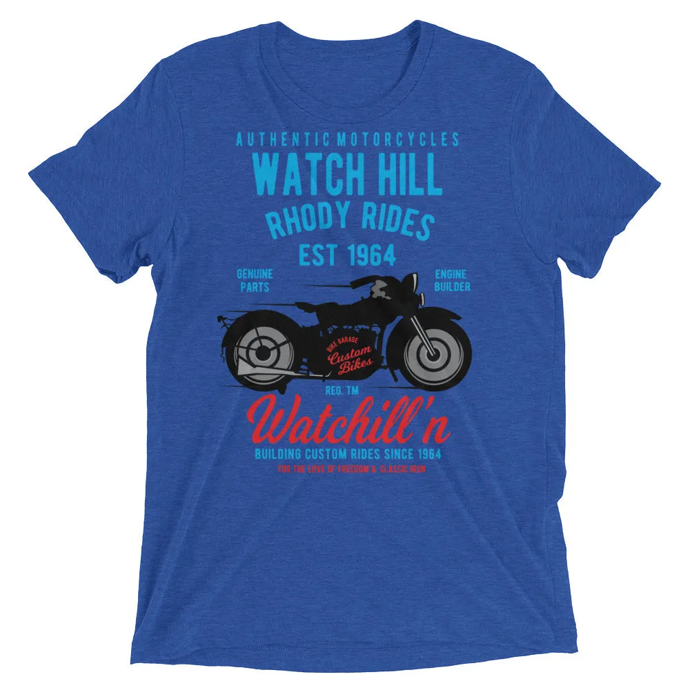 Watchill’n ‘Rhody Rides’ Unisex Short sleeve t-shirt (Blue/Red)