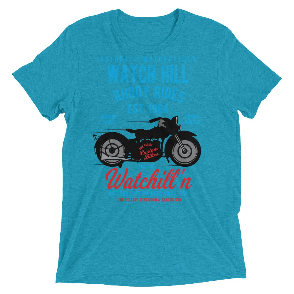 Watchill’n ‘Rhody Rides’ Unisex Short sleeve t-shirt (Blue/Red)