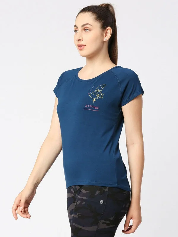 Women Aqua Blue Solid Sports T-Shirt - Space Tee-AB