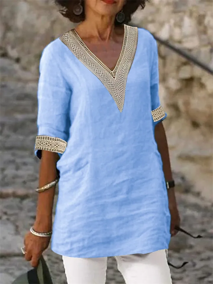 Women's Deep V-neck Half Sleeve Cotton Linen Shirts