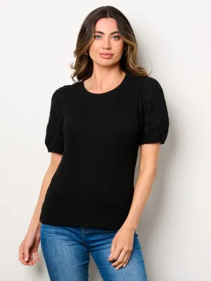WOMEN'S SHORT EYELET SLEEVE RIBBED BLOUSE TOP