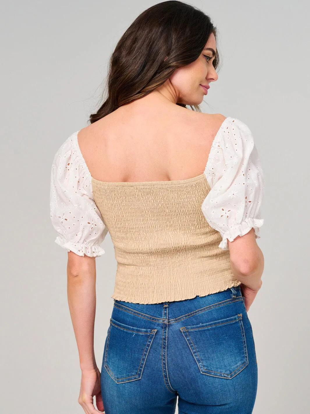 WOMEN'S SHORT EYELET SLEEVE SMOCK TOP