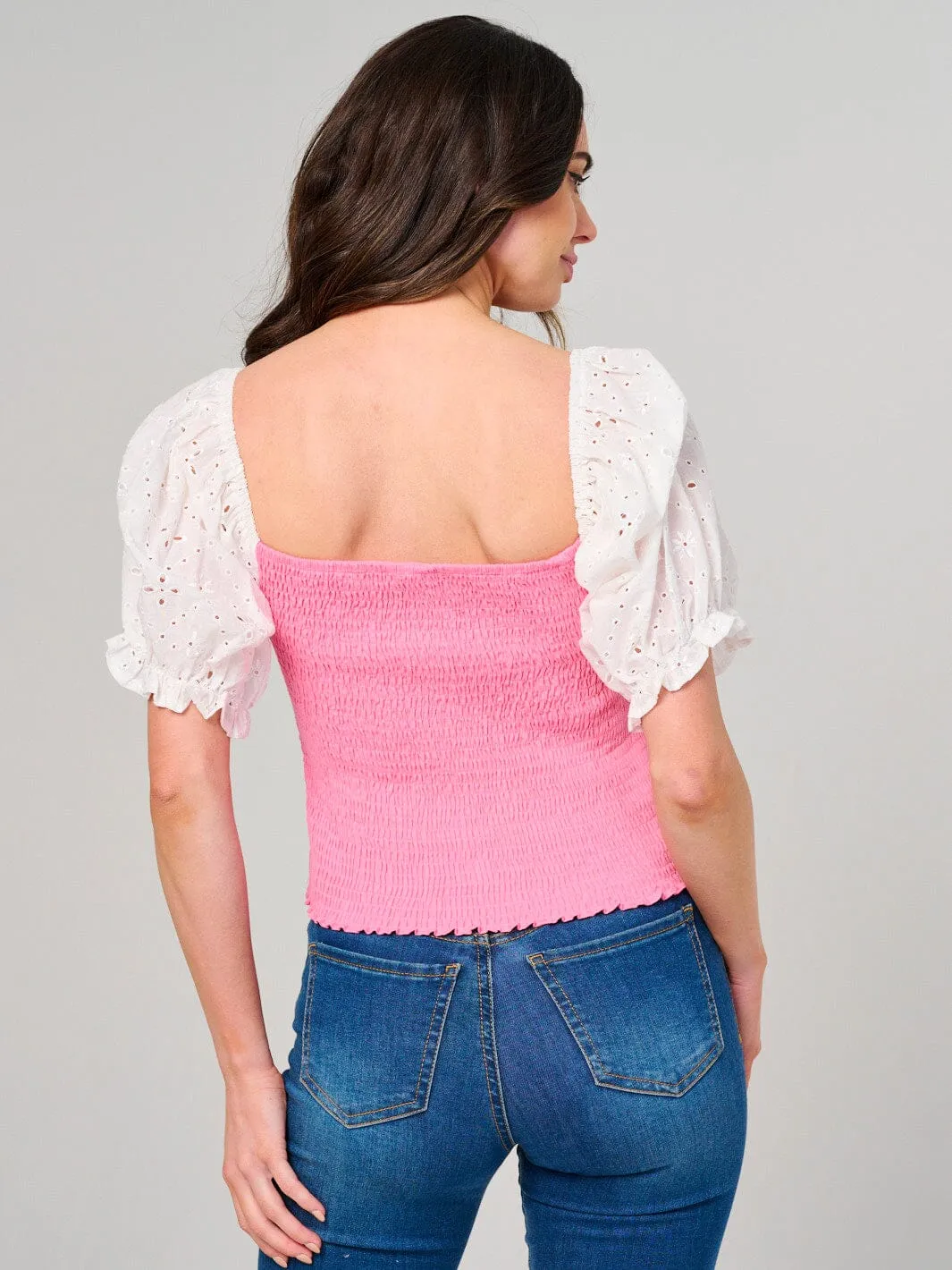 WOMEN'S SHORT EYELET SLEEVE SMOCK TOP