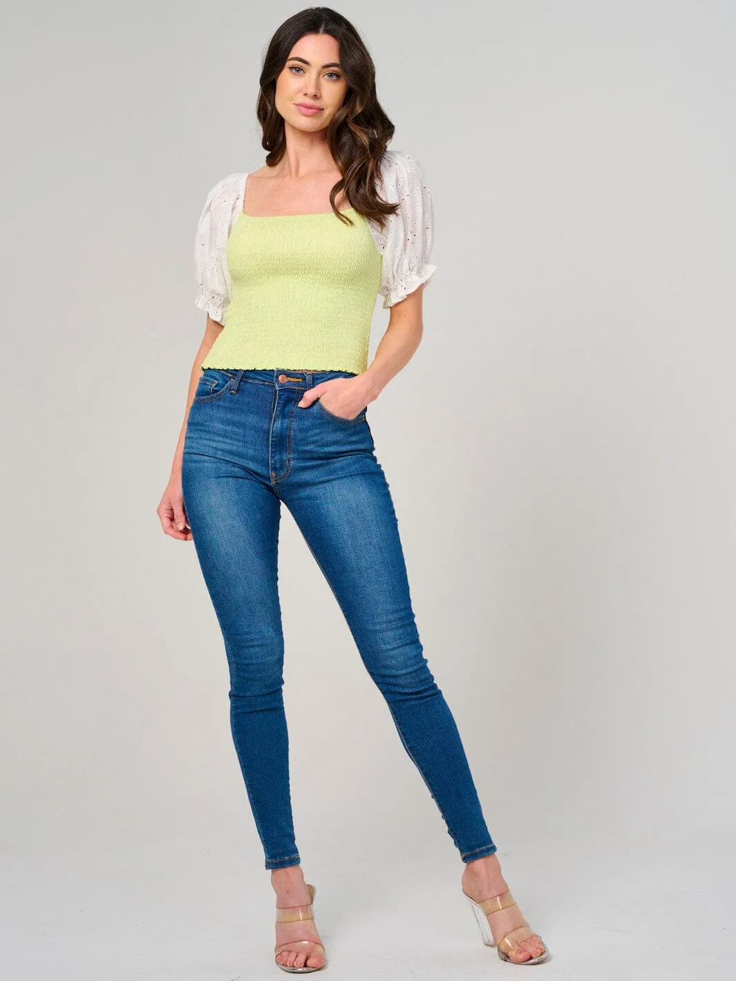 WOMEN'S SHORT EYELET SLEEVE SMOCK TOP