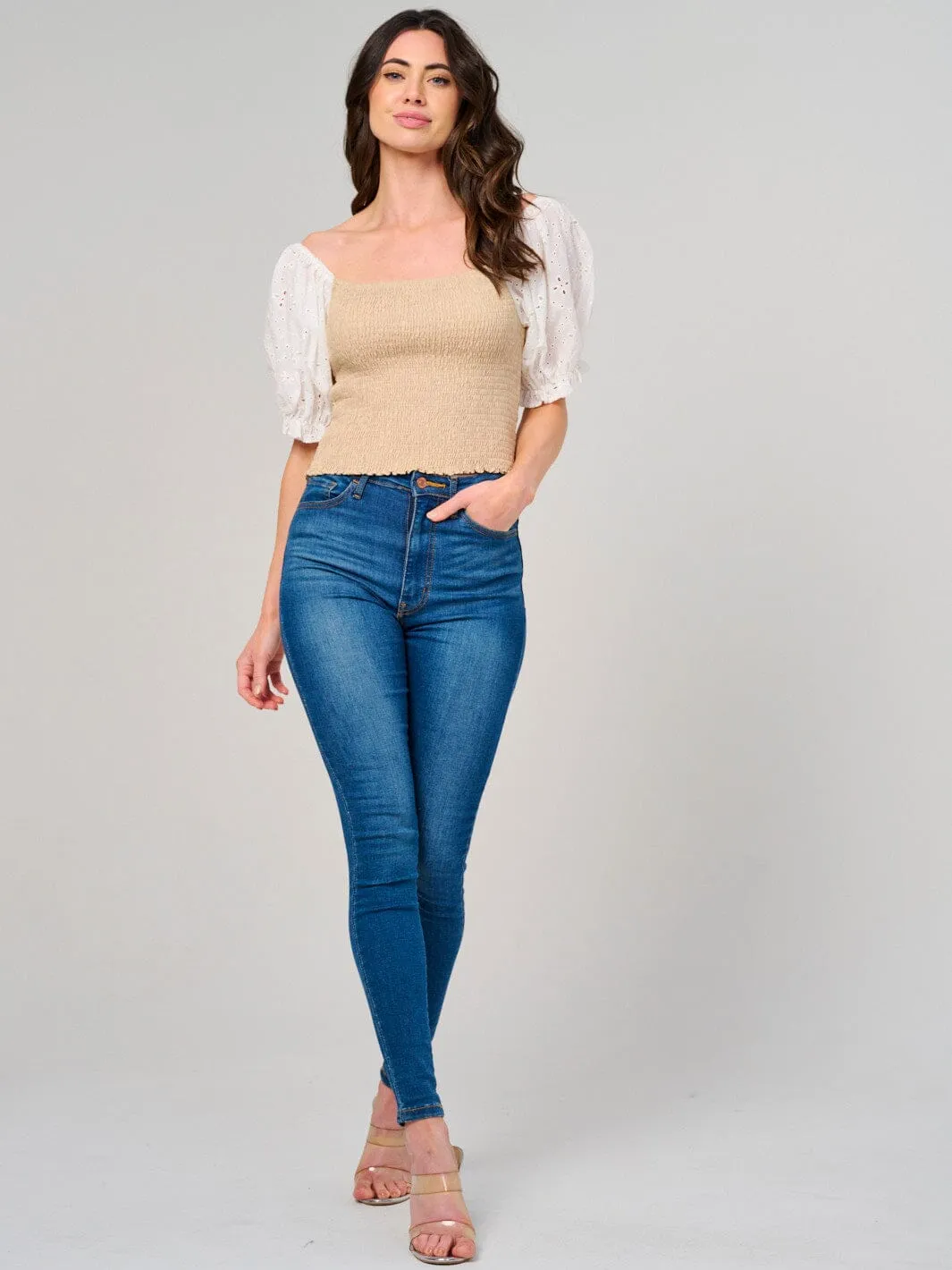 WOMEN'S SHORT EYELET SLEEVE SMOCK TOP