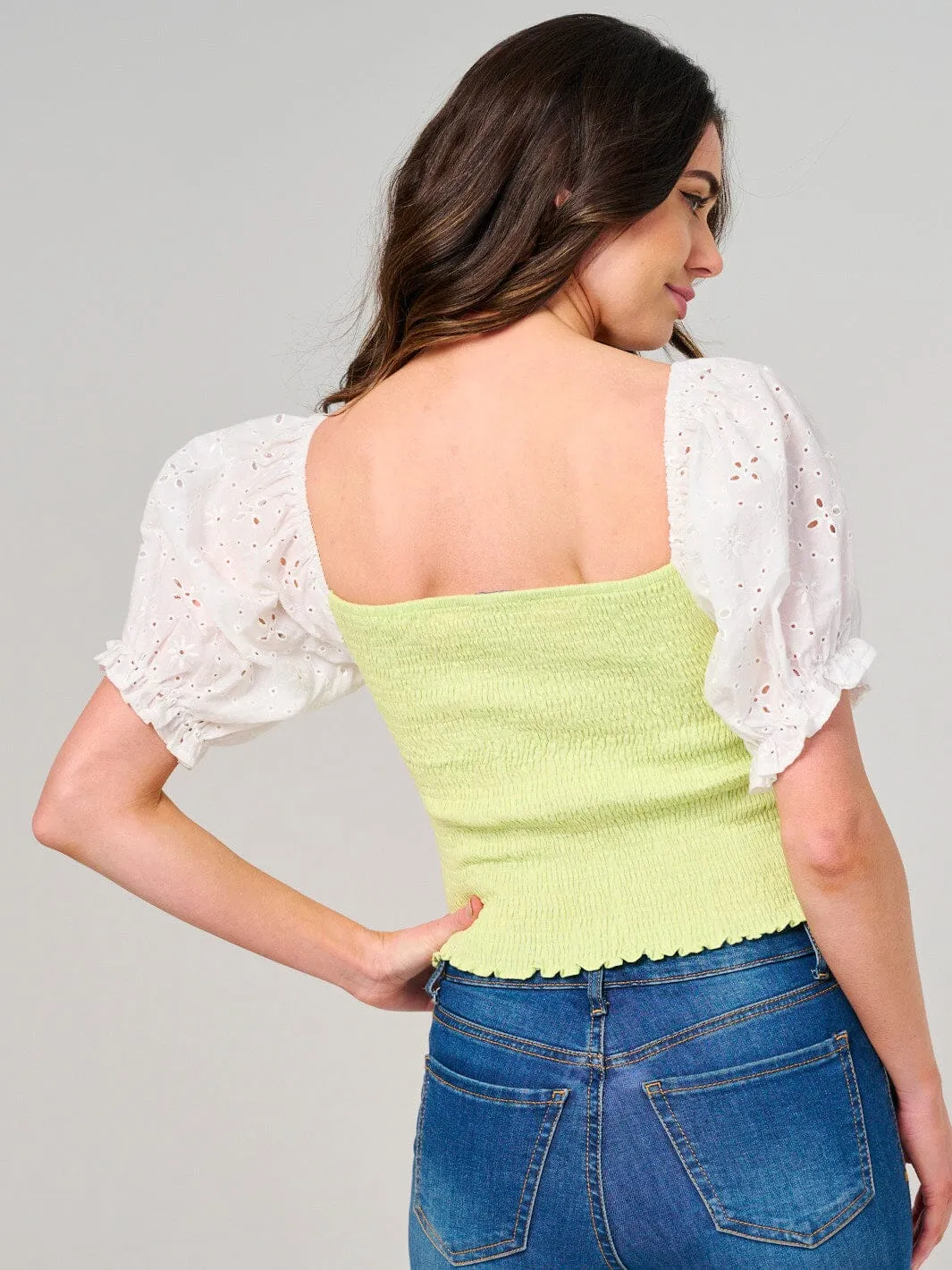 WOMEN'S SHORT EYELET SLEEVE SMOCK TOP