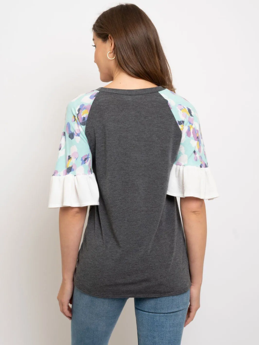 WOMEN'S SHORT FLORAL RUFFLE SLEEVES TOP
