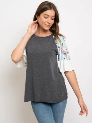 WOMEN'S SHORT FLORAL RUFFLE SLEEVES TOP