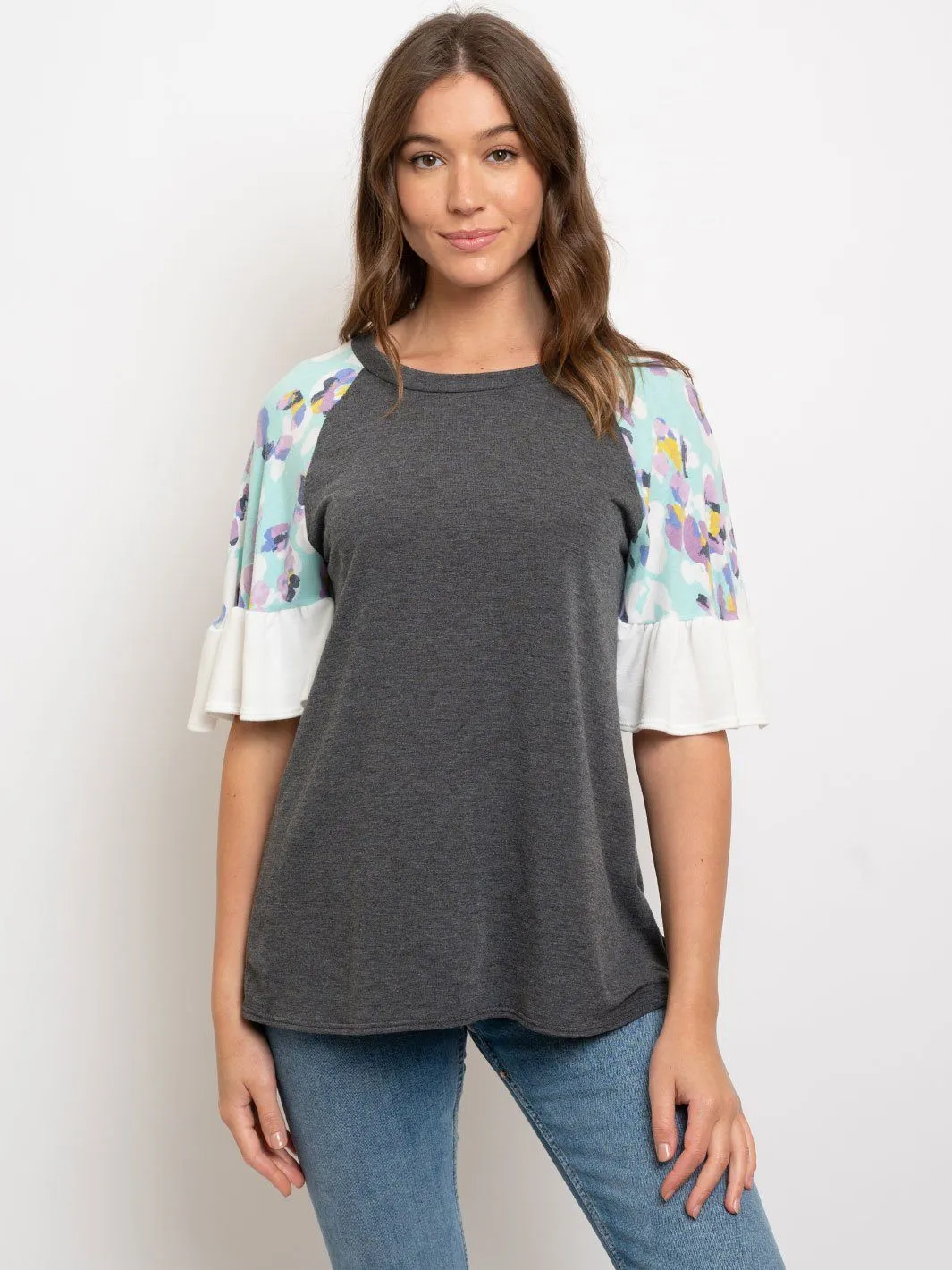 WOMEN'S SHORT FLORAL RUFFLE SLEEVES TOP