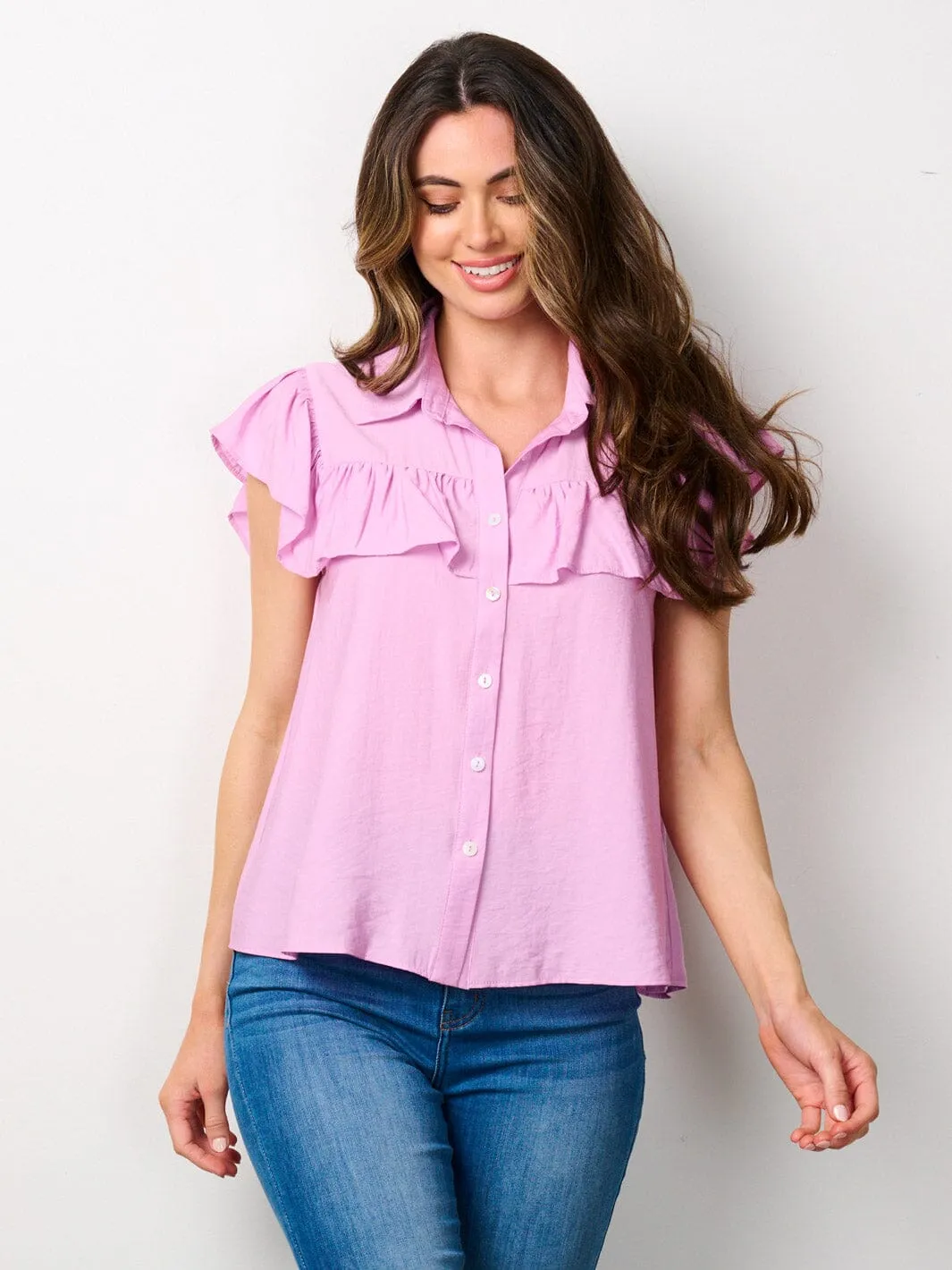 WOMEN'S SHORT SLEEVE BUTTON UP RUFFLE BLOUSE TOP