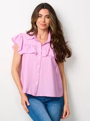 WOMEN'S SHORT SLEEVE BUTTON UP RUFFLE BLOUSE TOP
