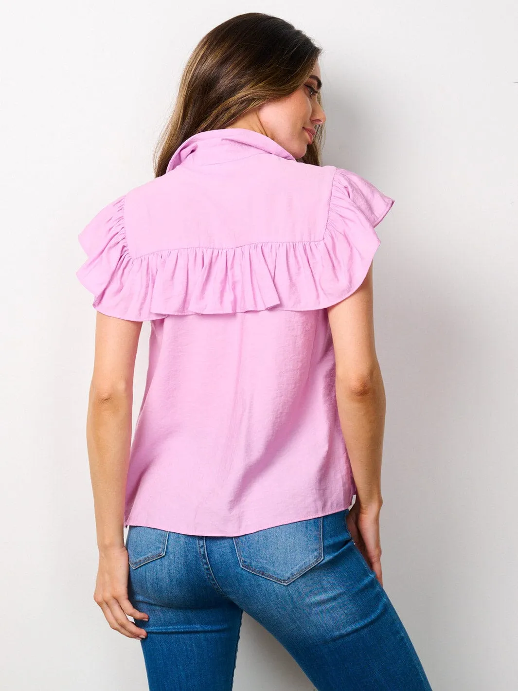 WOMEN'S SHORT SLEEVE BUTTON UP RUFFLE BLOUSE TOP