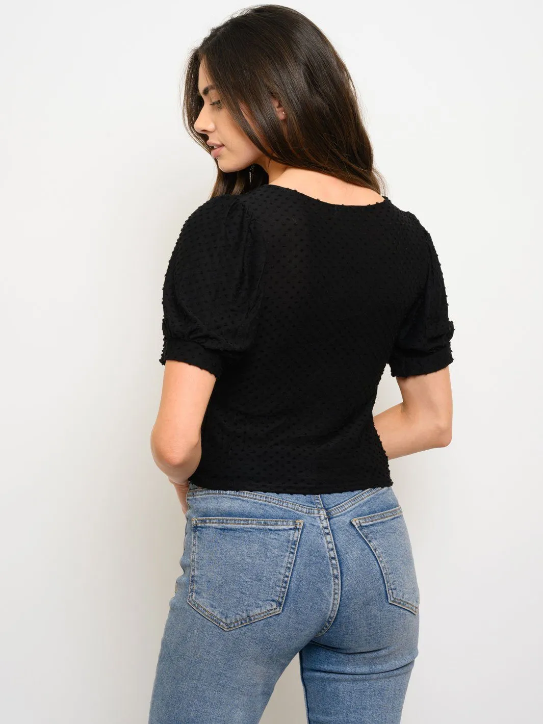 WOMEN'S SWISS DOT PUFF SLEEVE BUTTONS CROP TOP
