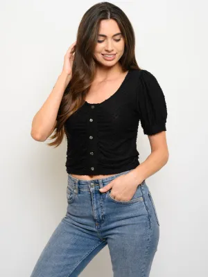 WOMEN'S SWISS DOT PUFF SLEEVE BUTTONS CROP TOP