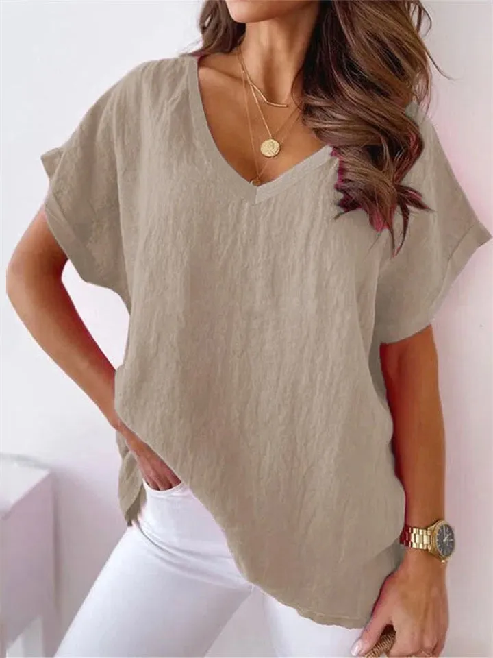 Women's V Neck Short Sleeve Cozy Cotton Linen T-shirt for Summer